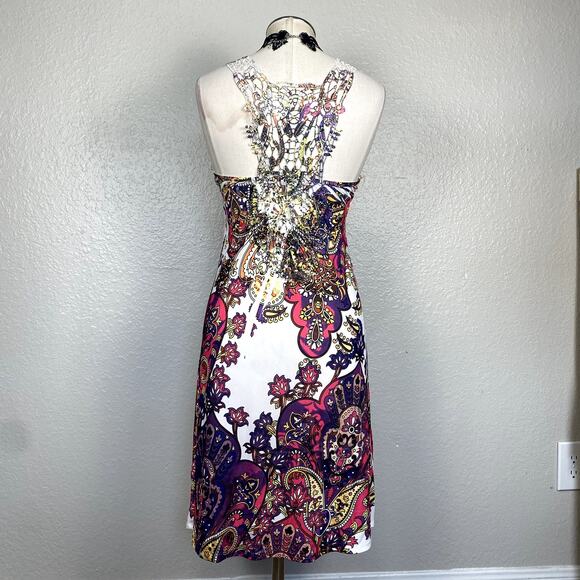 Vtg Y2K Bedazzled Rhinestone Lace Back Paisley Summer Mini Dress Mcbling Fairy - Picture 5 of 16